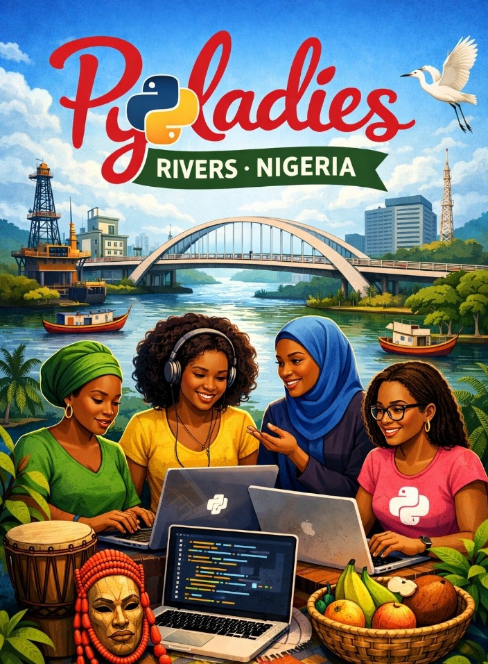 Illustration of PyLadies Rivers members coding together by the Rivers State waterfront